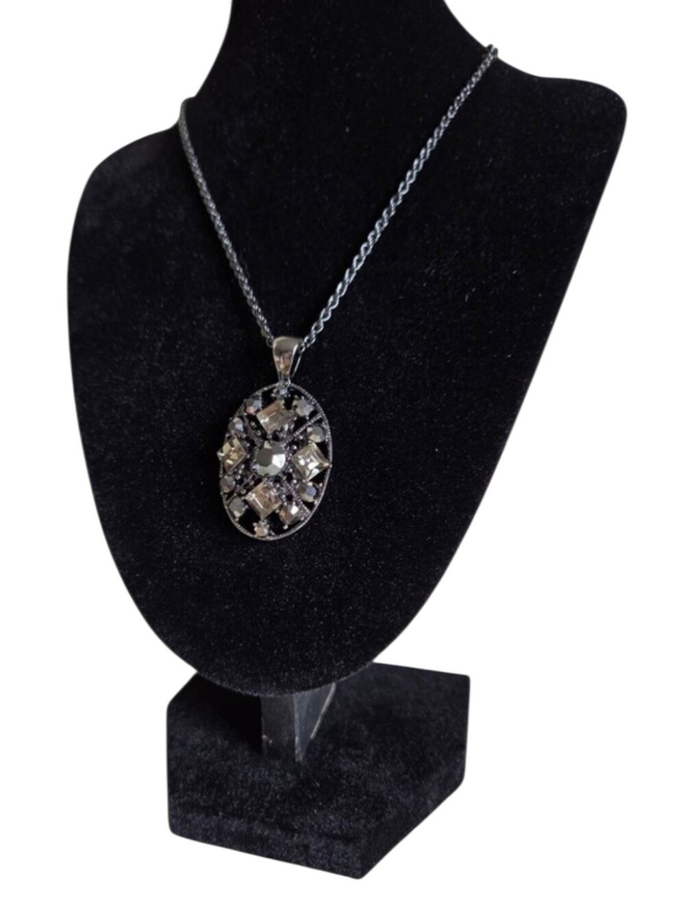 ​gunmetal hematite crystal oval pendant necklace dark metallic rope chain statem